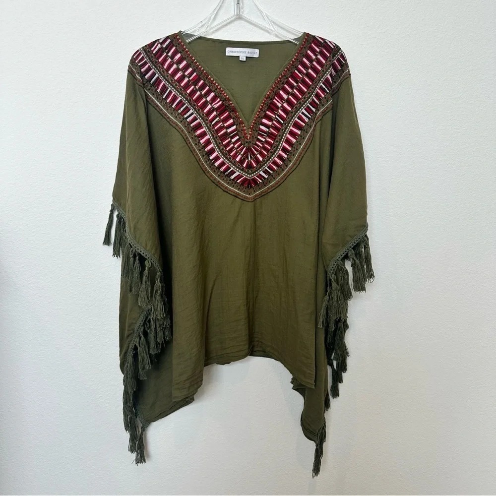 Christophe Sauvat‎ Annie Boho Embroidered Green Poncho With Fringe OS